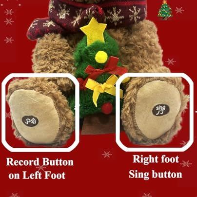 Christmas Teddy Bear Plush Toy with Singing & Voice Recording for Kids Adults Christmas Decorations, Birthday Gifts for Boys and Girls, Premium Plush Toy for Ages 1& Up Baby Toddlers, 15.5"