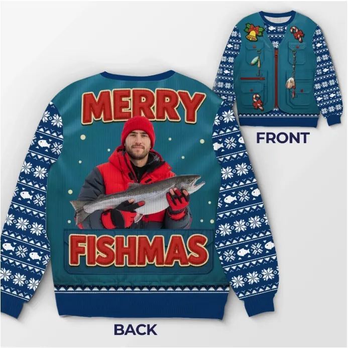 Custom Photo Unisex Ugly Sweatshirt - Personalized Christmas Birthday Fishing Gifts For Fisherman - Santa’s Fishing Buddy Since Forever