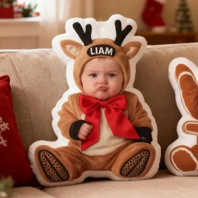Custom Christmas Reindeer Pillow with Name, Personalized Plush Cushion, Xmas Gift for Children