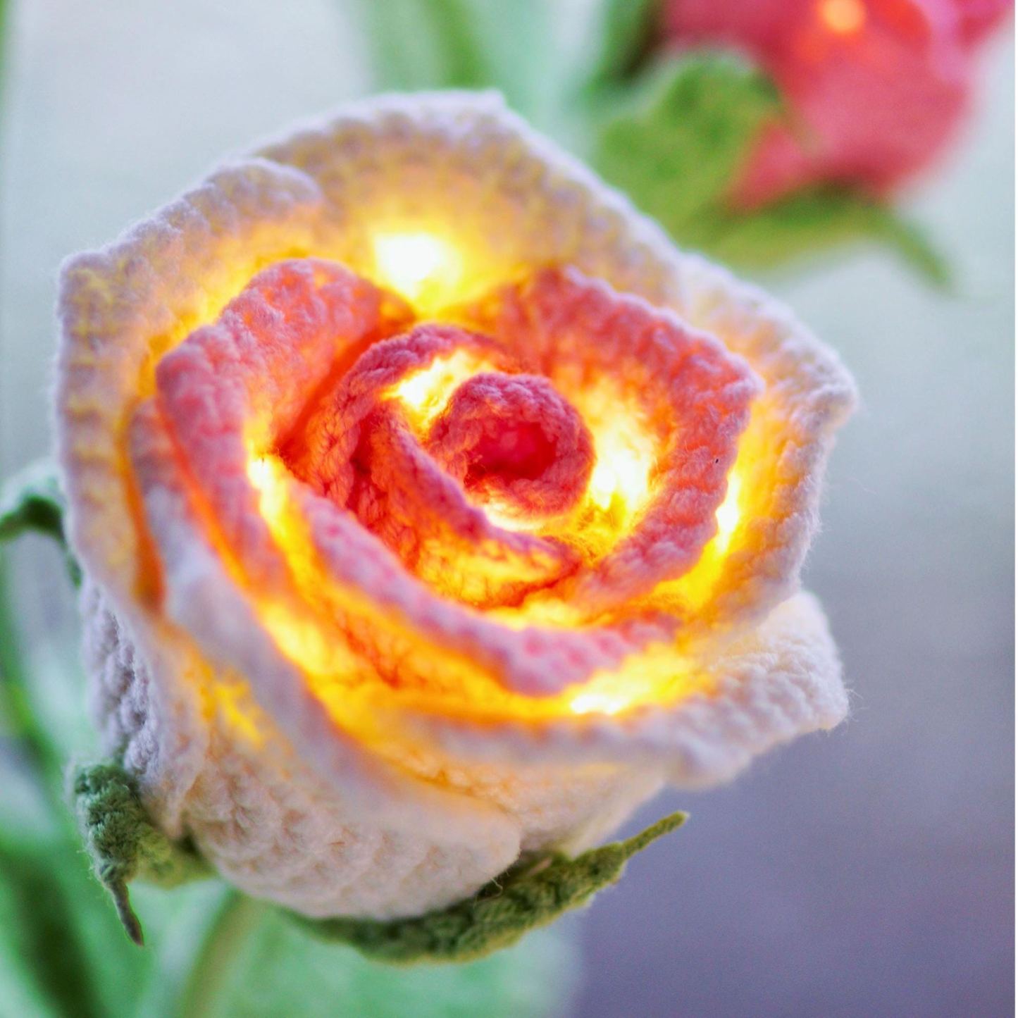 Crochet Rose Night Light Potted Plant Handmade Yarn Flower Gift for Home Decor