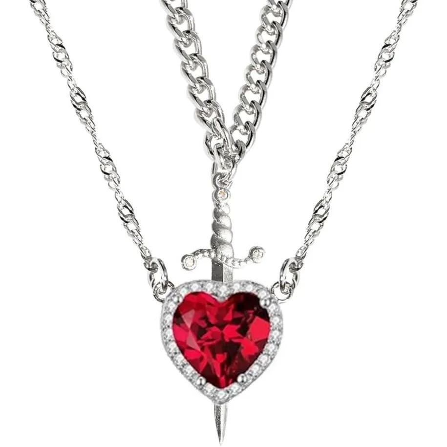Heart Sword Necklace For Couples Stainless Steel Twist Water Wave Chain Cuban Chain Dainty Trendy Matching Sword And Heart Necklace Set Jewelry Gift