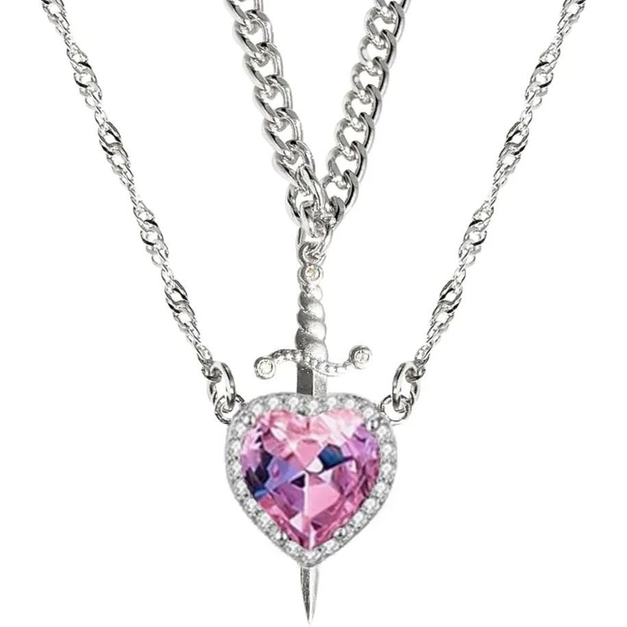 Heart Sword Necklace For Couples Stainless Steel Twist Water Wave Chain Cuban Chain Dainty Trendy Matching Sword And Heart Necklace Set Jewelry Gift