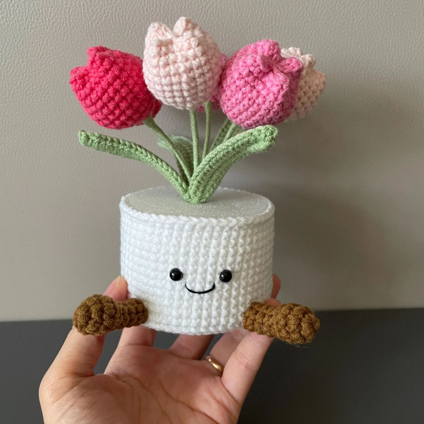 Handmade Crochet Tulip Flower Pot, Pink, Purple, Orange, or Blue, Cute Gift for Her, Girlfriend, Friend, Colleague, Crochet Rose Bouquet