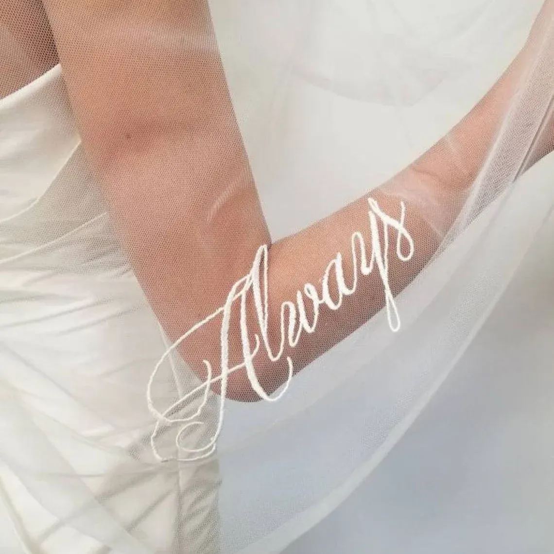 Custom Wedding Veil with Embroidered Phrases, Picture, Initials, Lace and Plain Edging - mysiliconefoodbag