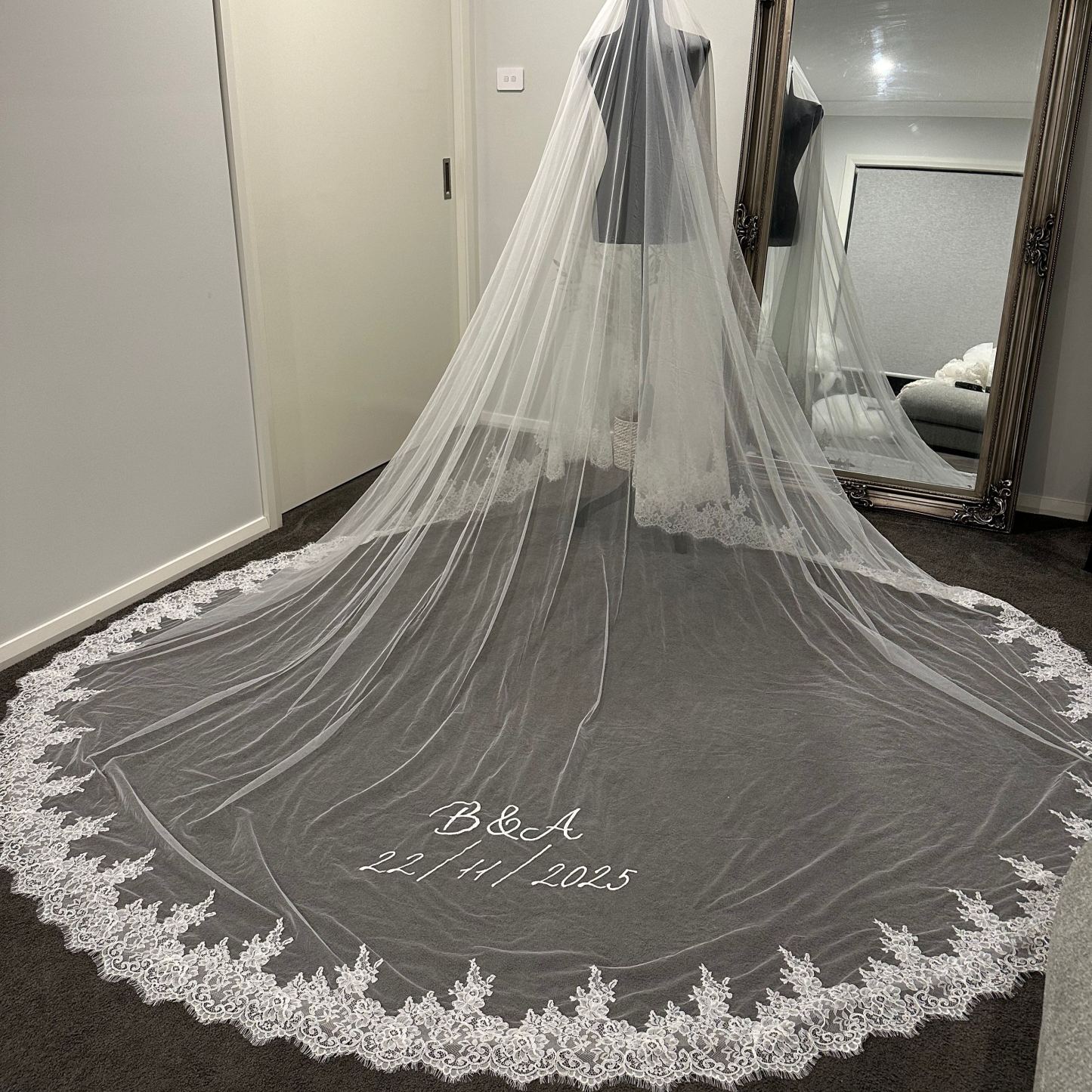 Custom Lace Wedding Veil with Embroidered Text for Wedding - mysiliconefoodbag