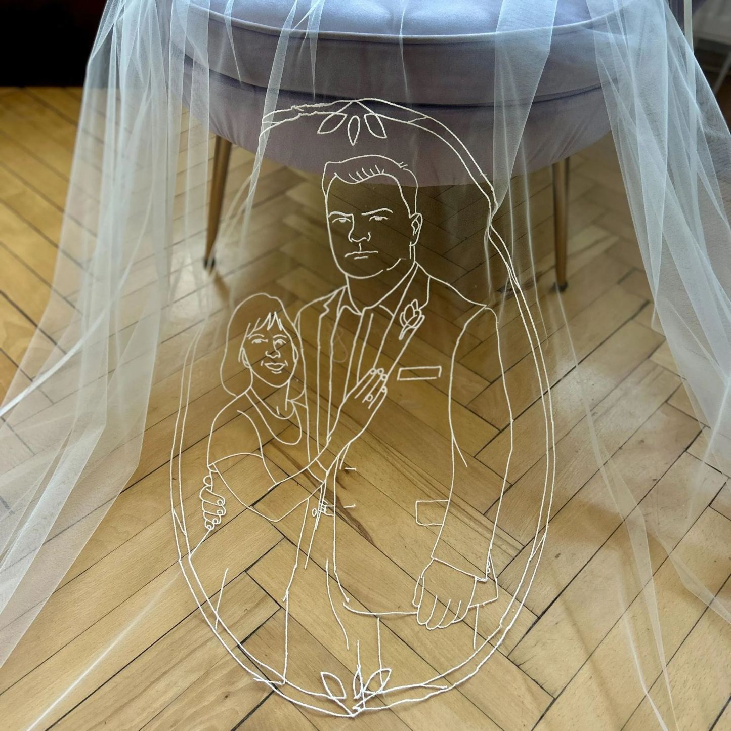 Portrait Embroidered Veil: Personalised Hand-Drawn Face Design, Custom Monogram, Lace Ribbon Plain Edge Option - mysiliconefoodbag