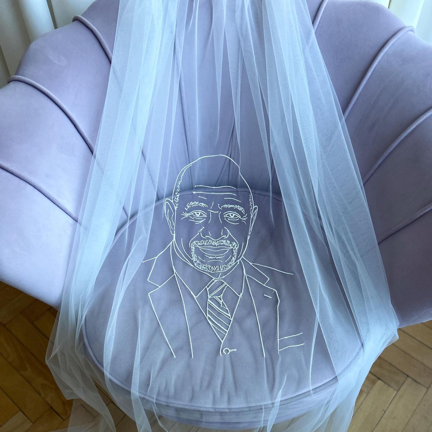 Portrait Embroidered Veil: Personalised Hand-Drawn Face Design, Custom Monogram, Lace Ribbon Plain Edge Option - mysiliconefoodbag