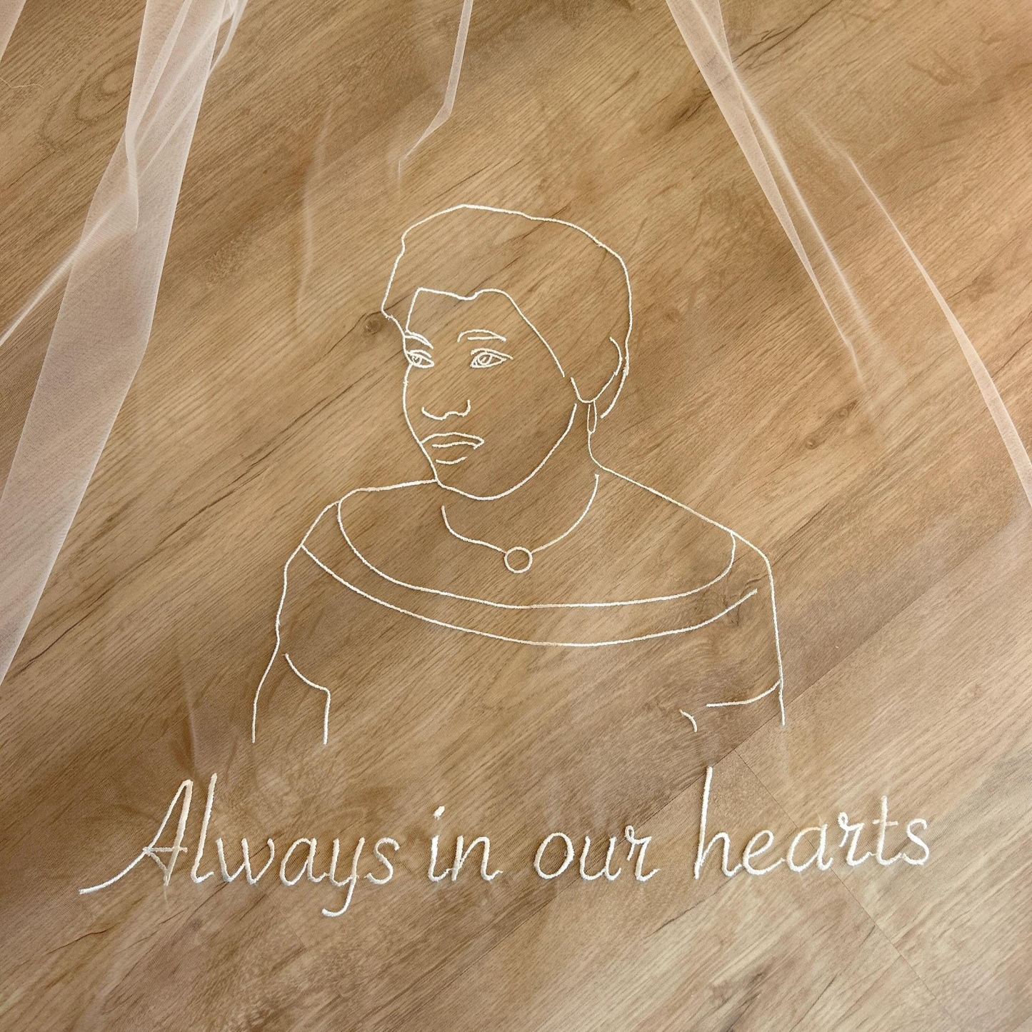 Portrait Embroidered Veil: Personalised Hand-Drawn Face Design, Custom Monogram, Lace Ribbon Plain Edge Option - mysiliconefoodbag