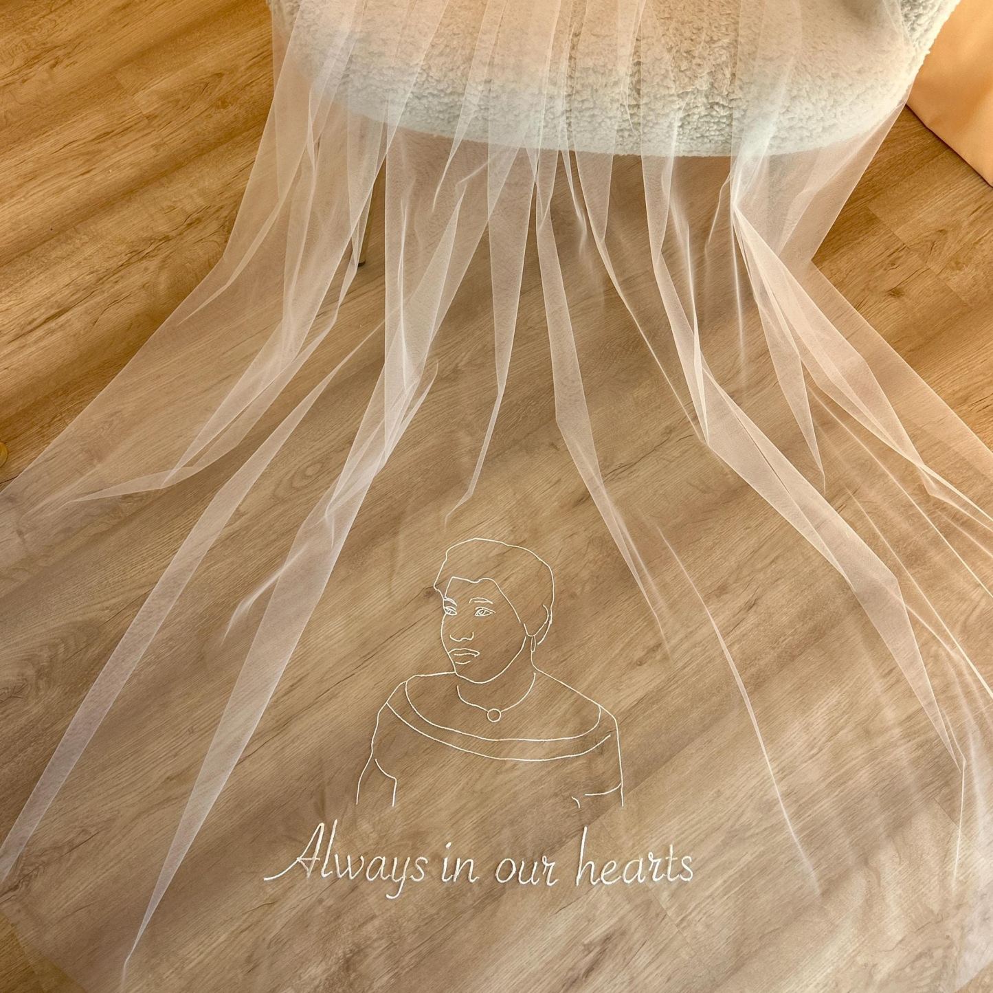 Portrait Embroidered Veil: Personalised Hand-Drawn Face Design, Custom Monogram, Lace Ribbon Plain Edge Option - mysiliconefoodbag