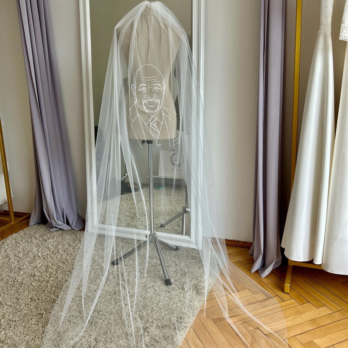 Portrait Embroidered Veil: Personalised Hand-Drawn Face Design, Custom Monogram, Lace Ribbon Plain Edge Option - mysiliconefoodbag