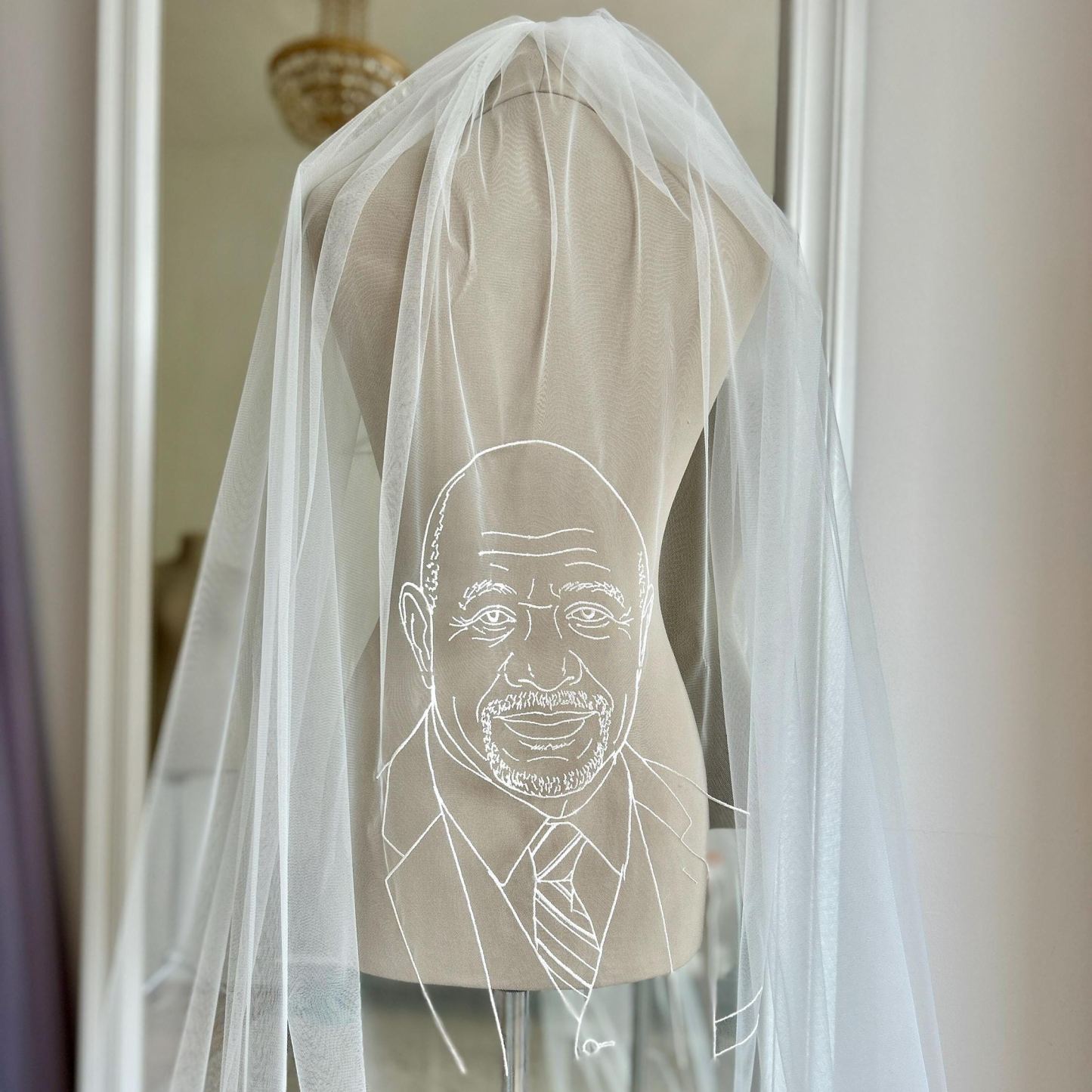 Portrait Embroidered Veil: Personalised Hand-Drawn Face Design, Custom Monogram, Lace Ribbon Plain Edge Option - mysiliconefoodbag