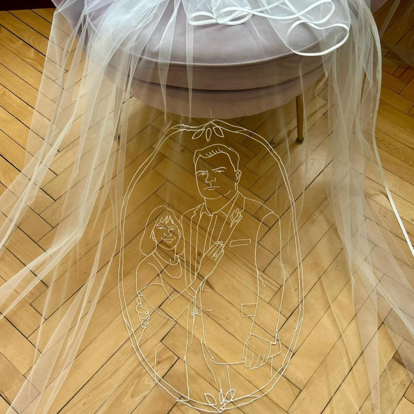 Portrait Embroidered Veil: Personalised Hand-Drawn Face Design, Custom Monogram, Lace Ribbon Plain Edge Option - mysiliconefoodbag