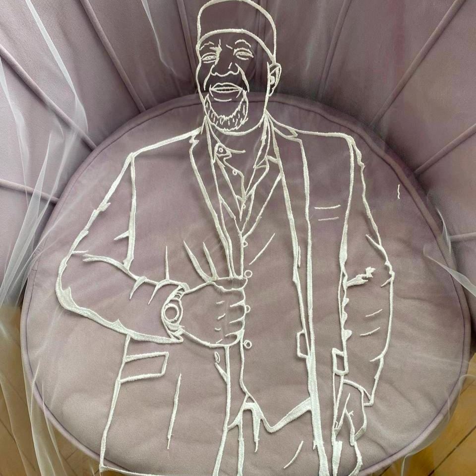 Portrait Embroidered Veil: Personalised Hand-Drawn Face Design, Custom Monogram, Lace Ribbon Plain Edge Option - mysiliconefoodbag