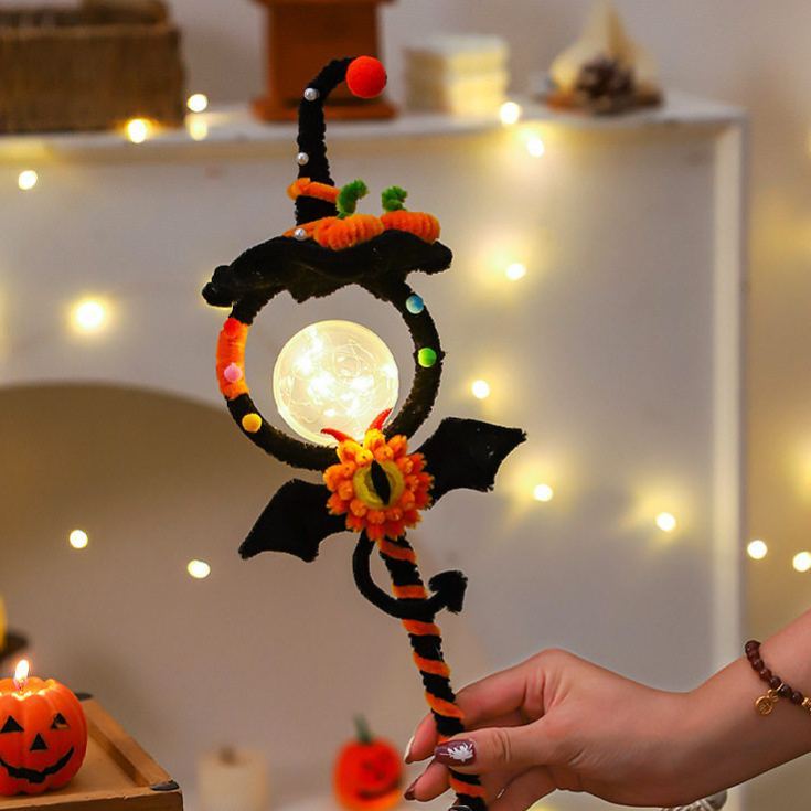 Craft Kit Halloween Decorations Light-Up Magic Wand DIY Kit – 15" Tall Witch Hat & Bat Wing Craft Set with LED Glow, Chenille Stems & Pom-Poms for Party Props & Home Accents