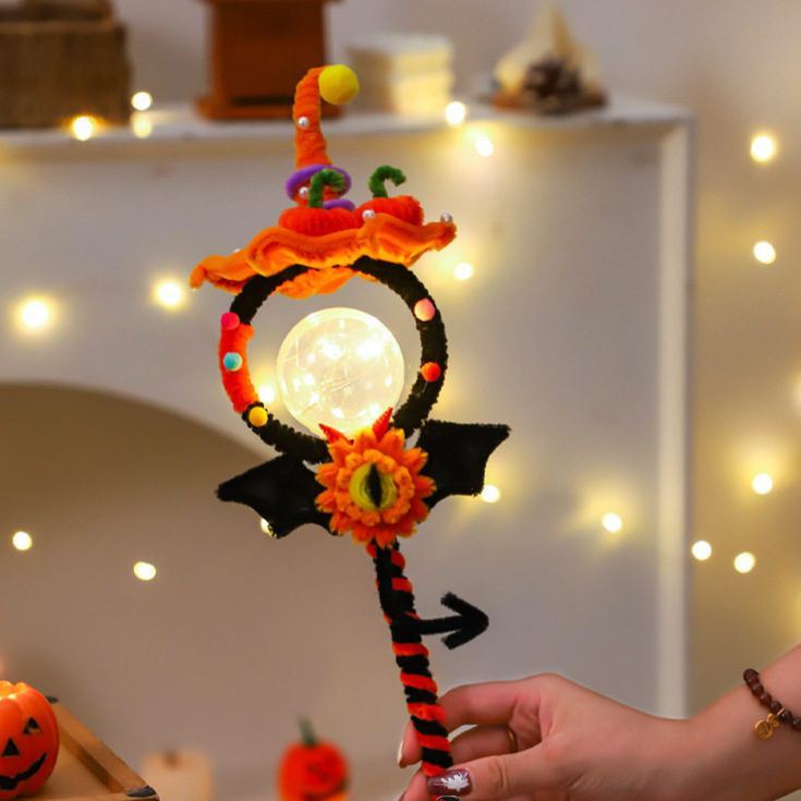 Craft Kit Halloween Decorations Light-Up Magic Wand DIY Kit – 15" Tall Witch Hat & Bat Wing Craft Set with LED Glow, Chenille Stems & Pom-Poms for Party Props & Home Accents