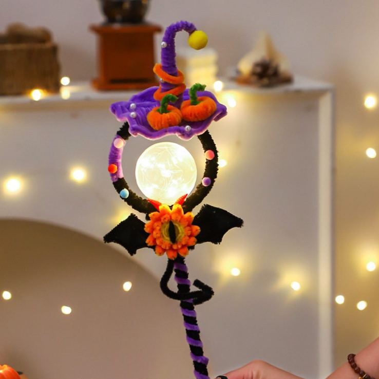 Craft Kit Halloween Decorations Light-Up Magic Wand DIY Kit – 15" Tall Witch Hat & Bat Wing Craft Set with LED Glow, Chenille Stems & Pom-Poms for Party Props & Home Accents
