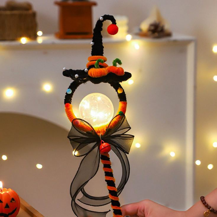 Craft Kit Halloween Decorations Light-Up Magic Wand DIY Kit – 15" Tall Witch Hat & Bat Wing Craft Set with LED Glow, Chenille Stems & Pom-Poms for Party Props & Home Accents