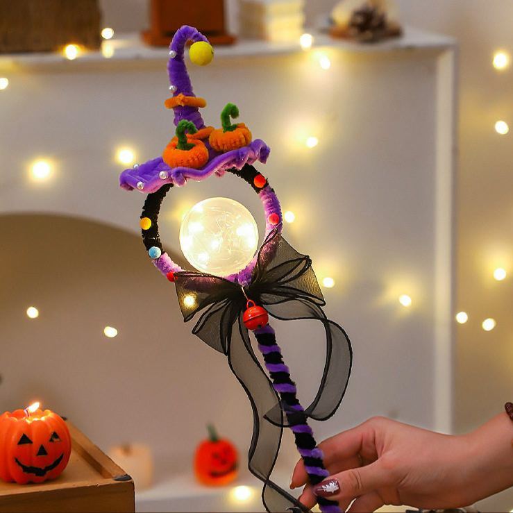 Craft Kit Halloween Decorations Light-Up Magic Wand DIY Kit – 15" Tall Witch Hat & Bat Wing Craft Set with LED Glow, Chenille Stems & Pom-Poms for Party Props & Home Accents