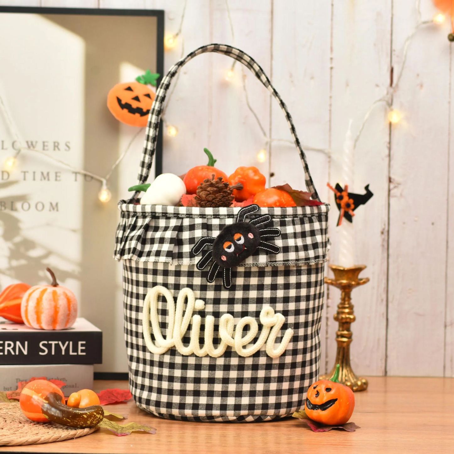 Halloween Basket Ruffle Personalized,Plaid Trick or Treat Bag with Custom Name,Halloween Candy Bucket for Kids,Halloween Storage Basket Gift