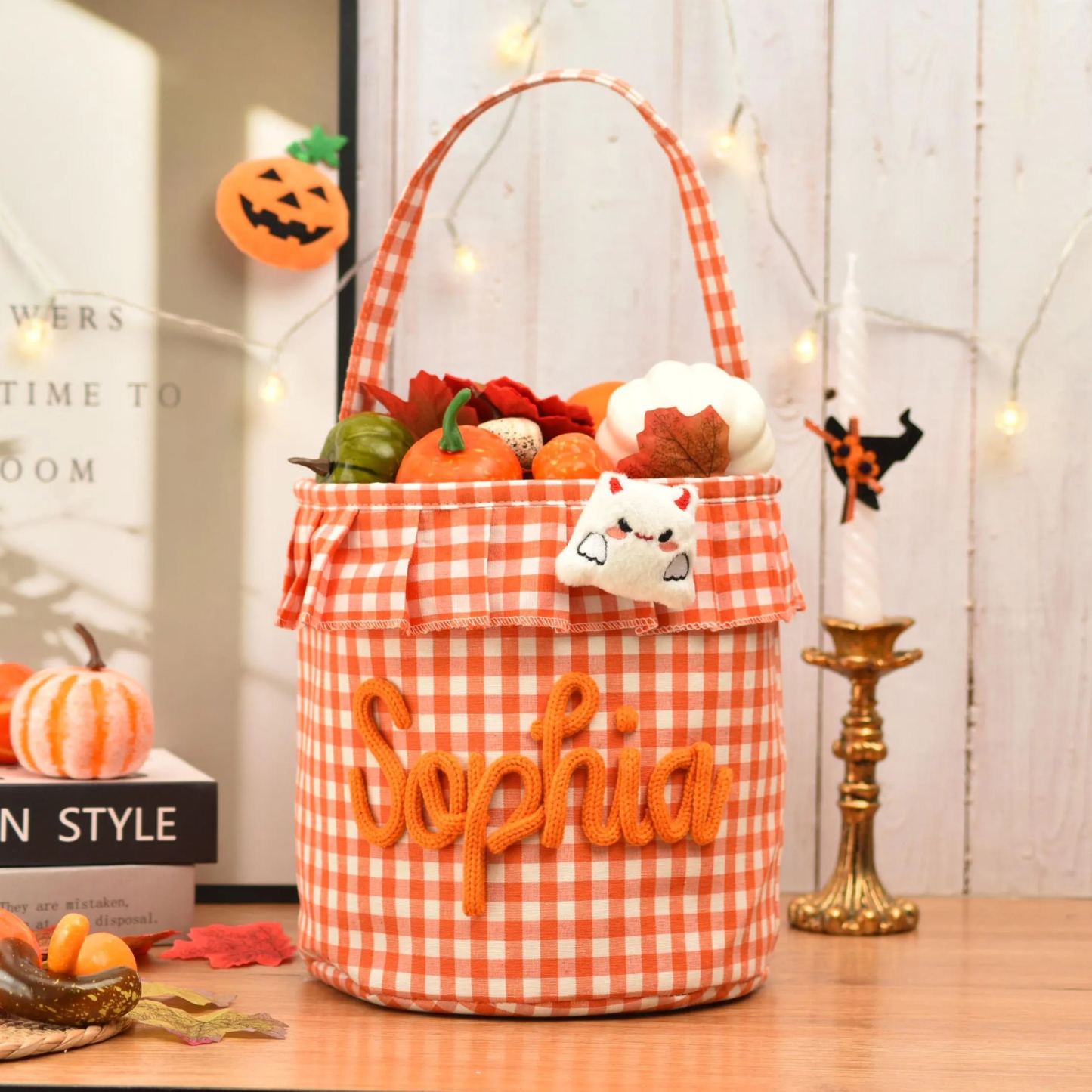 Halloween Basket Ruffle Personalized,Plaid Trick or Treat Bag with Custom Name,Halloween Candy Bucket for Kids,Halloween Storage Basket Gift