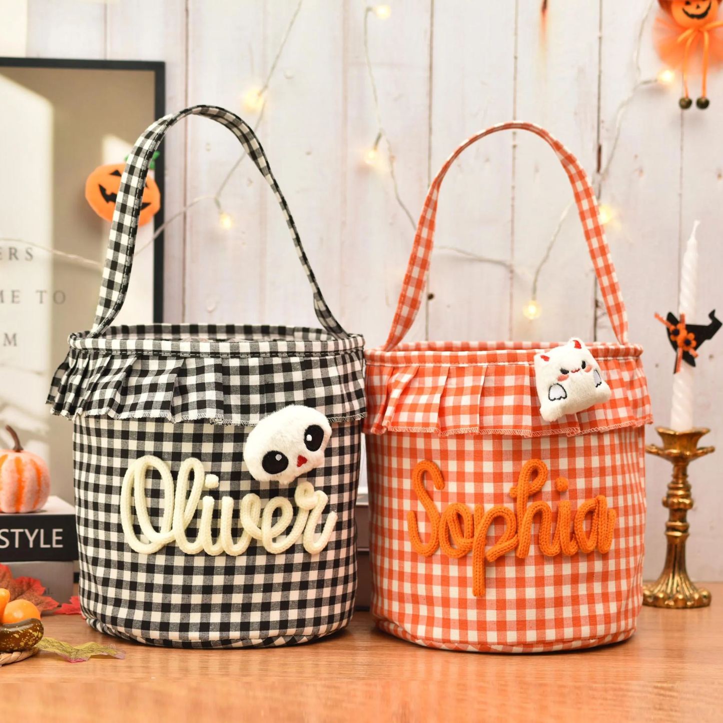 Halloween Basket Ruffle Personalized,Plaid Trick or Treat Bag with Custom Name,Halloween Candy Bucket for Kids,Halloween Storage Basket Gift