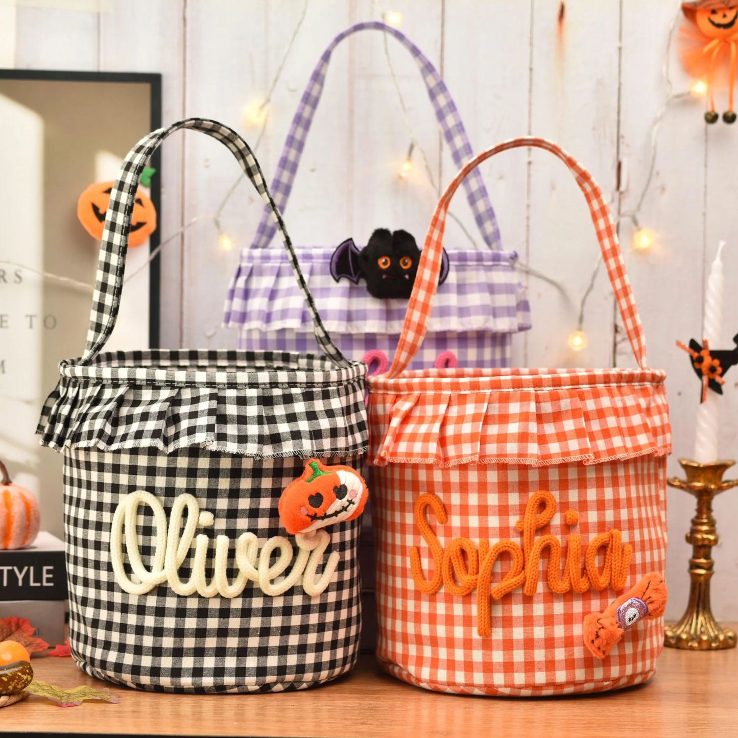 Halloween Basket Ruffle Personalized,Plaid Trick or Treat Bag with Custom Name,Halloween Candy Bucket for Kids,Halloween Storage Basket Gift
