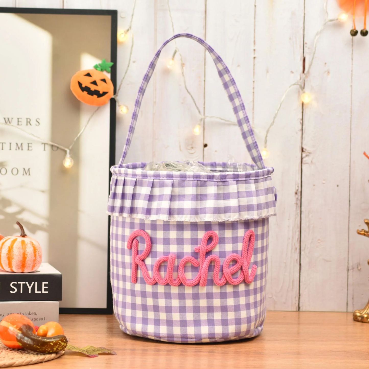 Halloween Basket Ruffle Personalized,Plaid Trick or Treat Bag with Custom Name,Halloween Candy Bucket for Kids,Halloween Storage Basket Gift