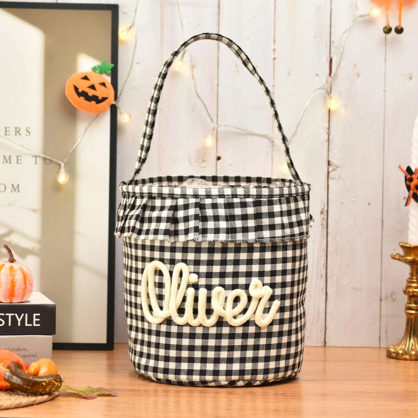 Halloween Basket Ruffle Personalized,Plaid Trick or Treat Bag with Custom Name,Halloween Candy Bucket for Kids,Halloween Storage Basket Gift