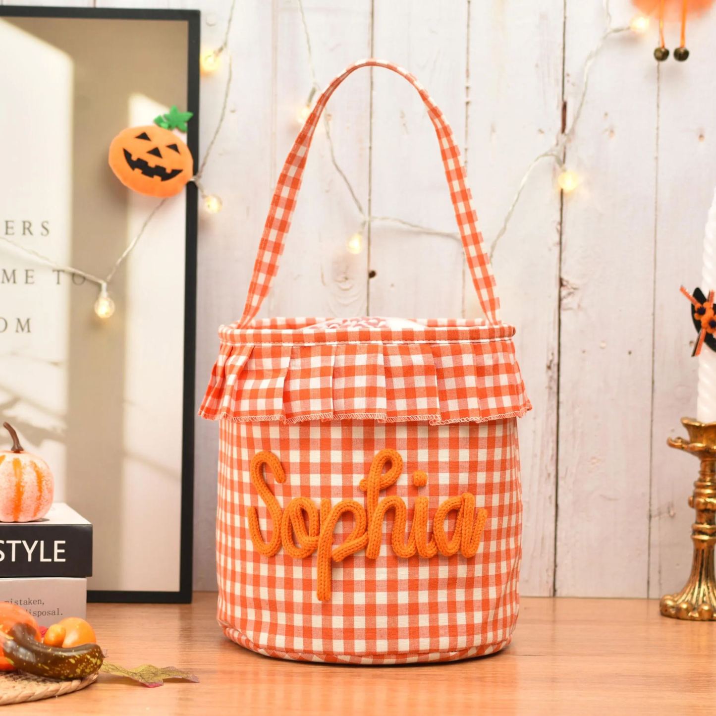 Halloween Basket Ruffle Personalized,Plaid Trick or Treat Bag with Custom Name,Halloween Candy Bucket for Kids,Halloween Storage Basket Gift