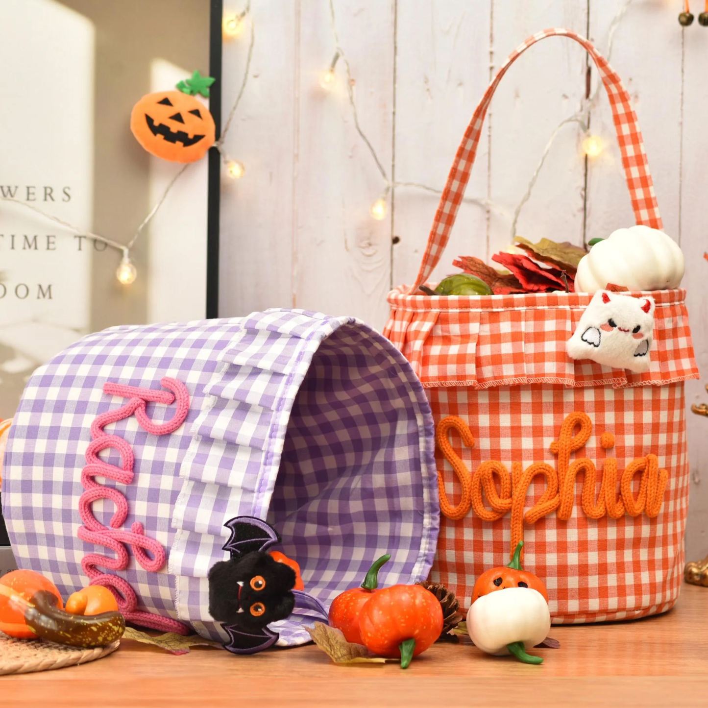 Halloween Basket Ruffle Personalized,Plaid Trick or Treat Bag with Custom Name,Halloween Candy Bucket for Kids,Halloween Storage Basket Gift