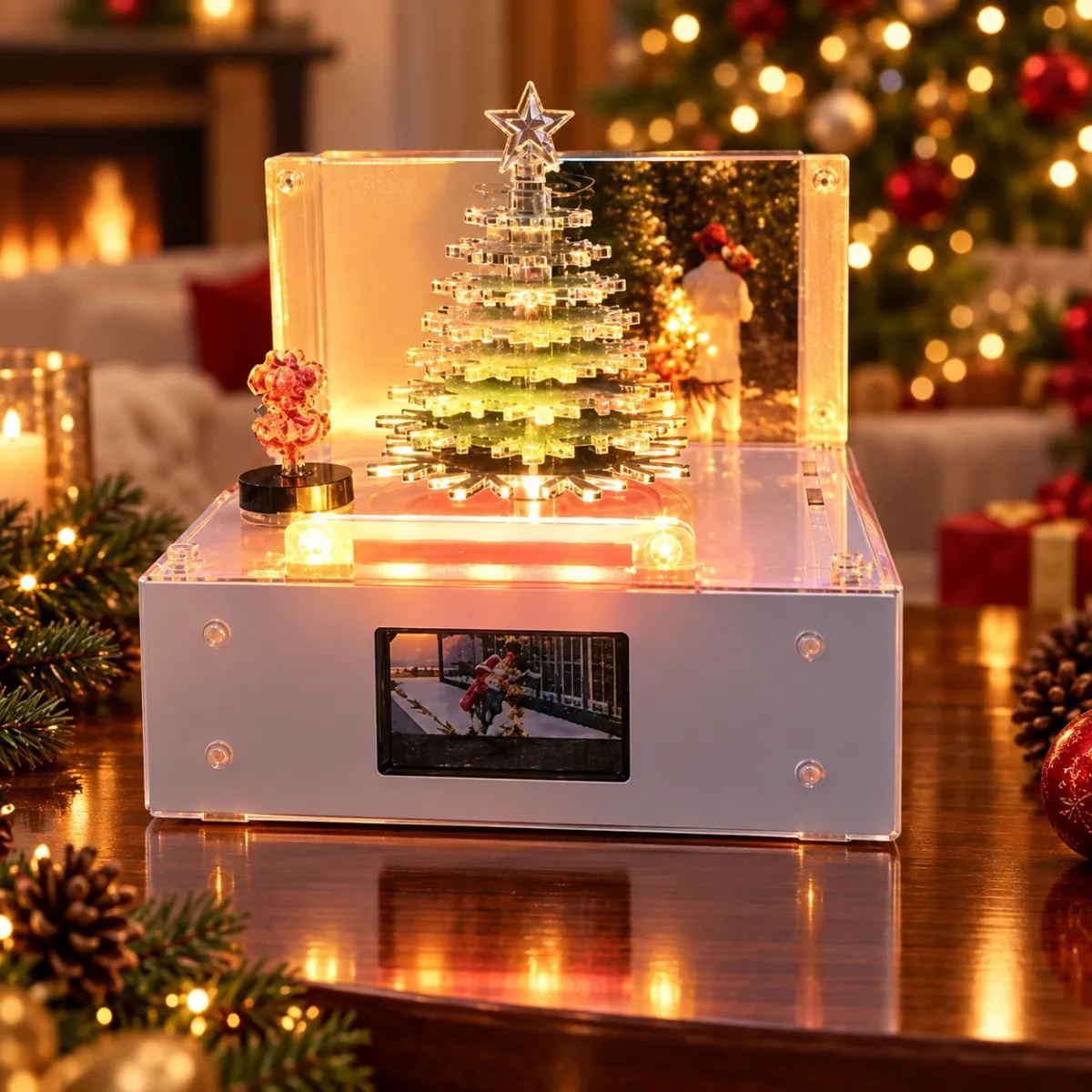 Music Light Box Photo Frame with Rotating Christmas Tree – Customizable 1-9 Songs Holiday Gift for Family & Friends