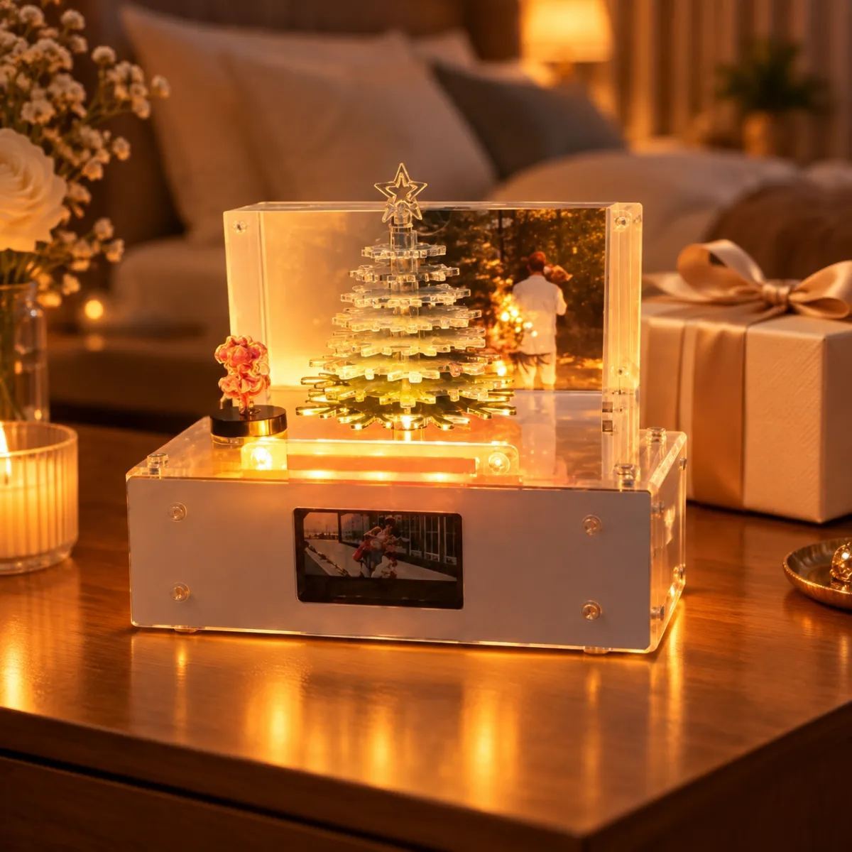 Music Light Box Photo Frame with Rotating Christmas Tree – Customizable 1-9 Songs Holiday Gift for Family & Friends