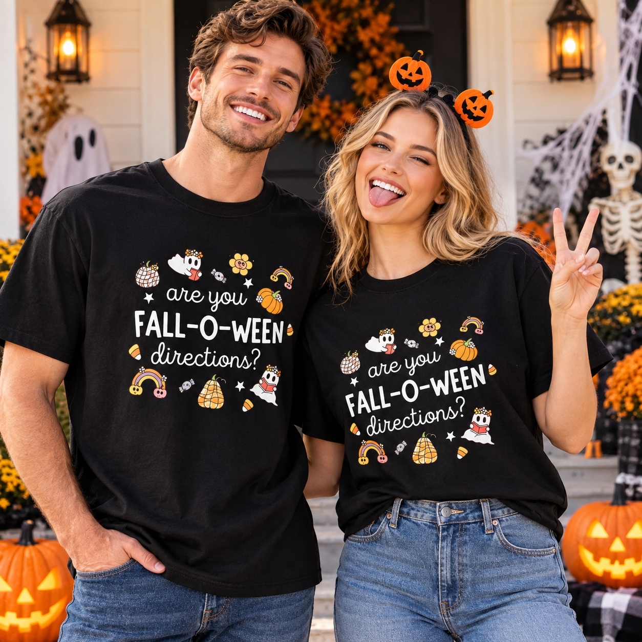 Halloween T-Shirt with Text "are you FALL-O-WEEN directions?" Halloween Gift for Her & Him