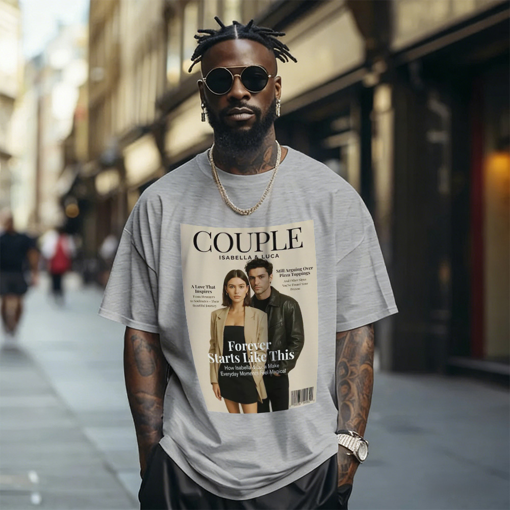 Custom Photo Magazine Tee Personalized Stylish T-shirt Couple Gifts Black