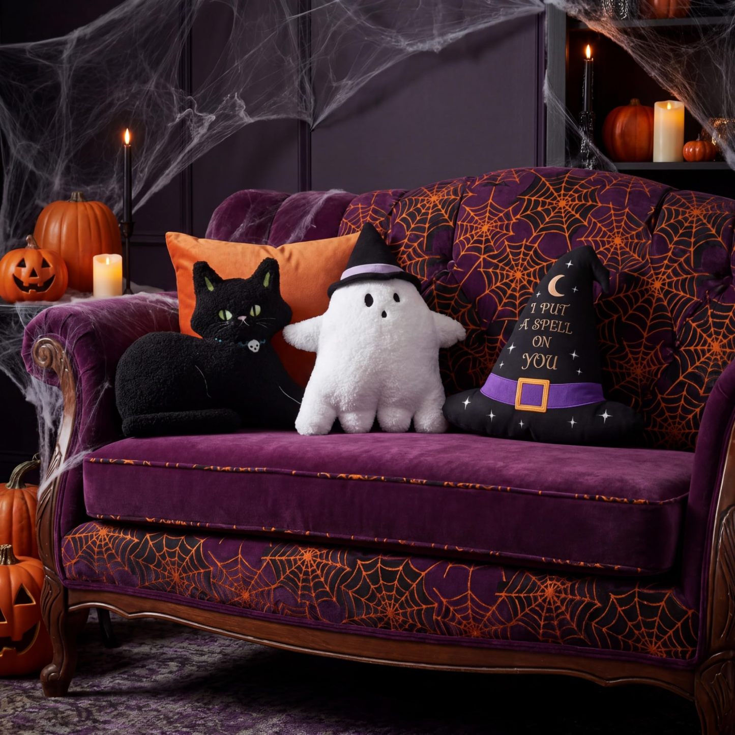 3 Pcs Halloween Throw Pillows, Pumpkin Ghost Bat Witch Hat Cat Shapes Pillows