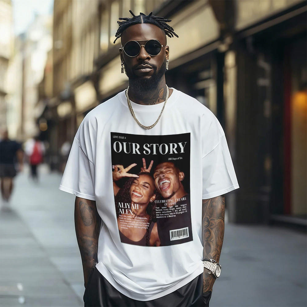 Custom Photo Magazine Tee Personalized Stylish T-shirt Couple Gifts Black