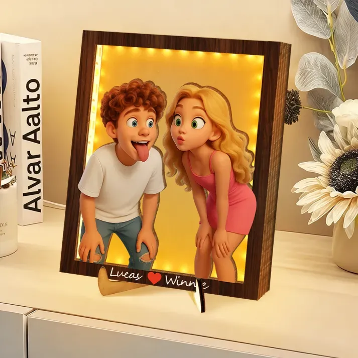 Personalized Wooden Cartoon Light Wall Art, Custom Cartoon Portrait, Wood Home Decor, Night Light Gifts, Valentine's Day Gift