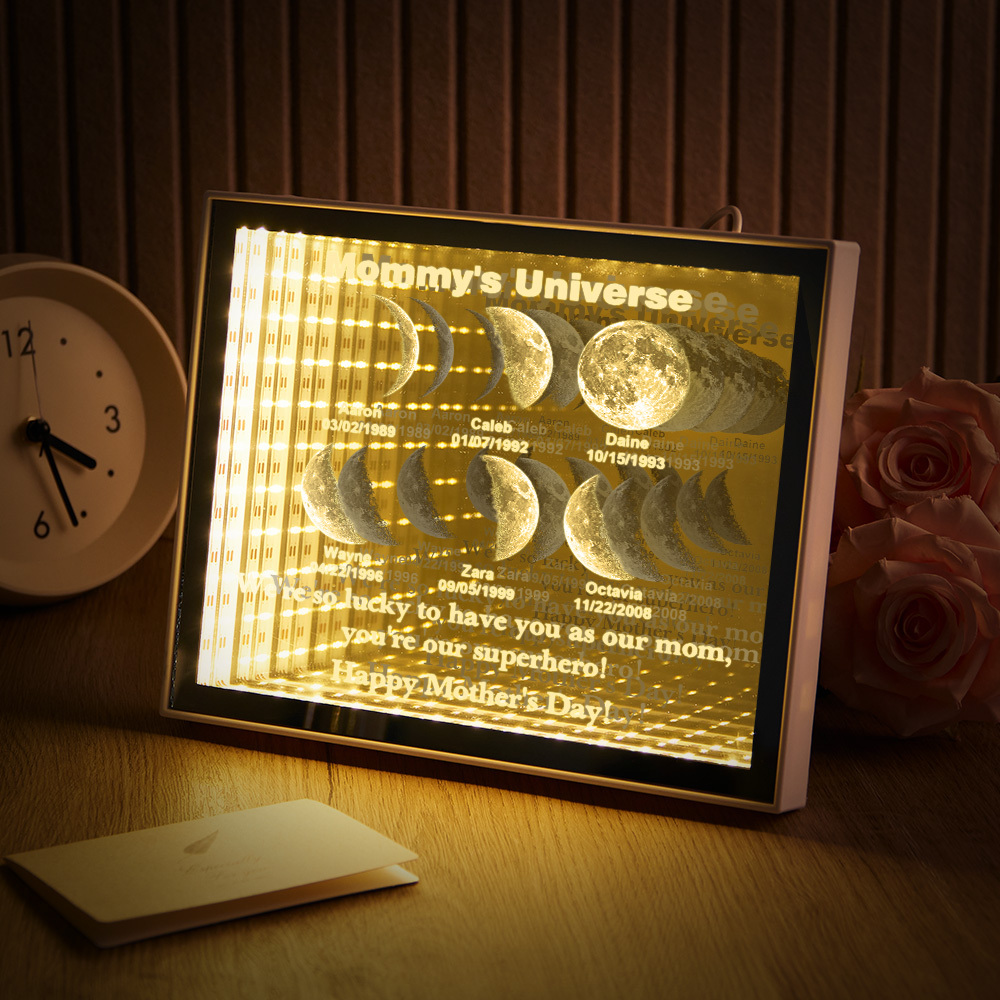 Custom Mirror Infinity Moon Phase Lightbox Personalized Night Light Mirror with Personalized Name and Heartfelt Text for Mom on Mother's Day