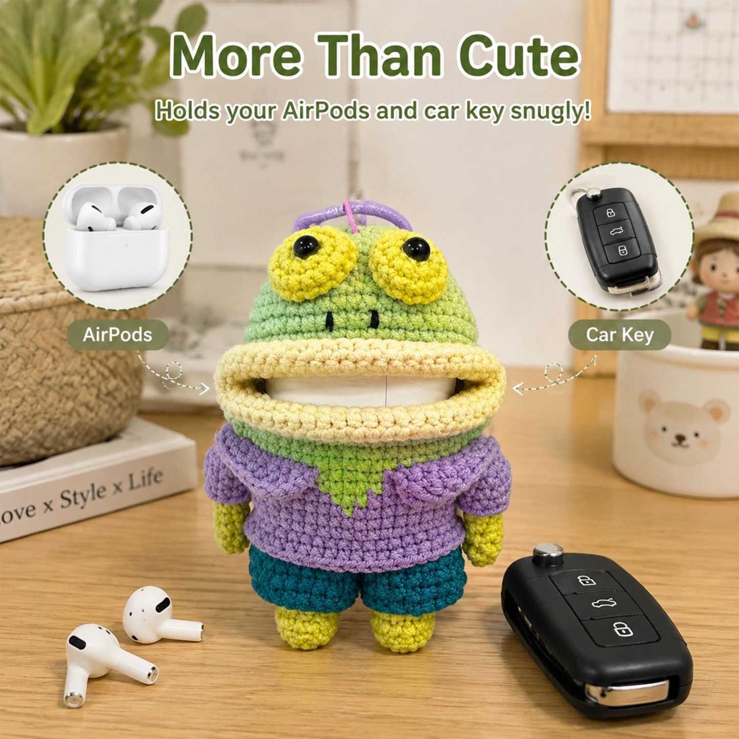 Crochet Big Mouth Pouch AirPods Case Car Key Holder Bag Charm
