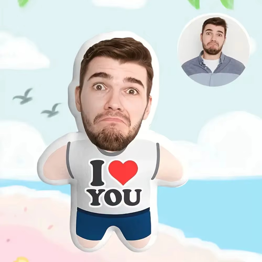 Personalized "I LOVE YOU" Face Pillow Custom Mini MeGift with Your Photo, Soft Plush Fabric Heart-Shaped Cushion for Couples