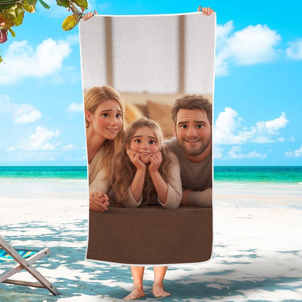 Custom Couple Photo 3D Cartoon Portrait Gift Photo Beach Towel