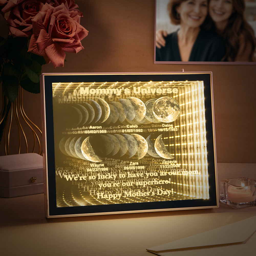 Custom Mirror Infinity Moon Phase Lightbox Personalized Night Light Mirror with Personalized Name and Heartfelt Text for Mom on Mother's Day