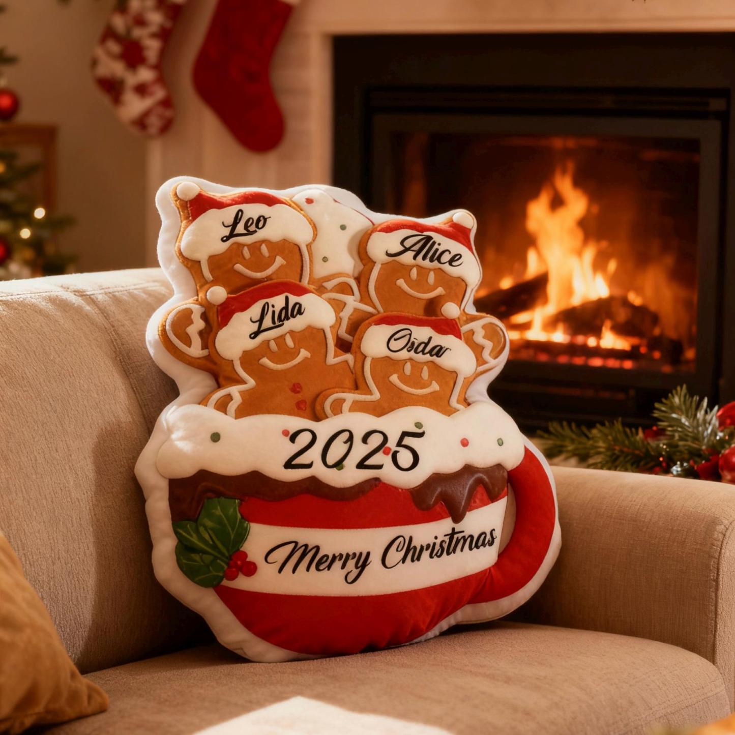 Personalized Gingerbread Family Pillow, Custom Name Xmas Cushion, Holiday Decor Gift, Gingerbread Mug Pillow, Merry Christmas 2025