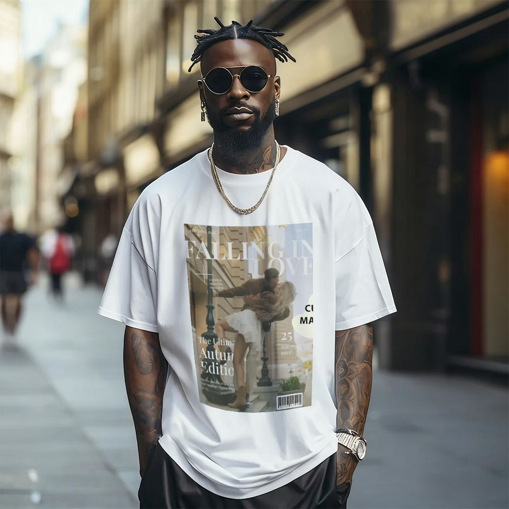 Custom Photo Magazine Tee Personalized Stylish T-shirt Couple Gifts Black