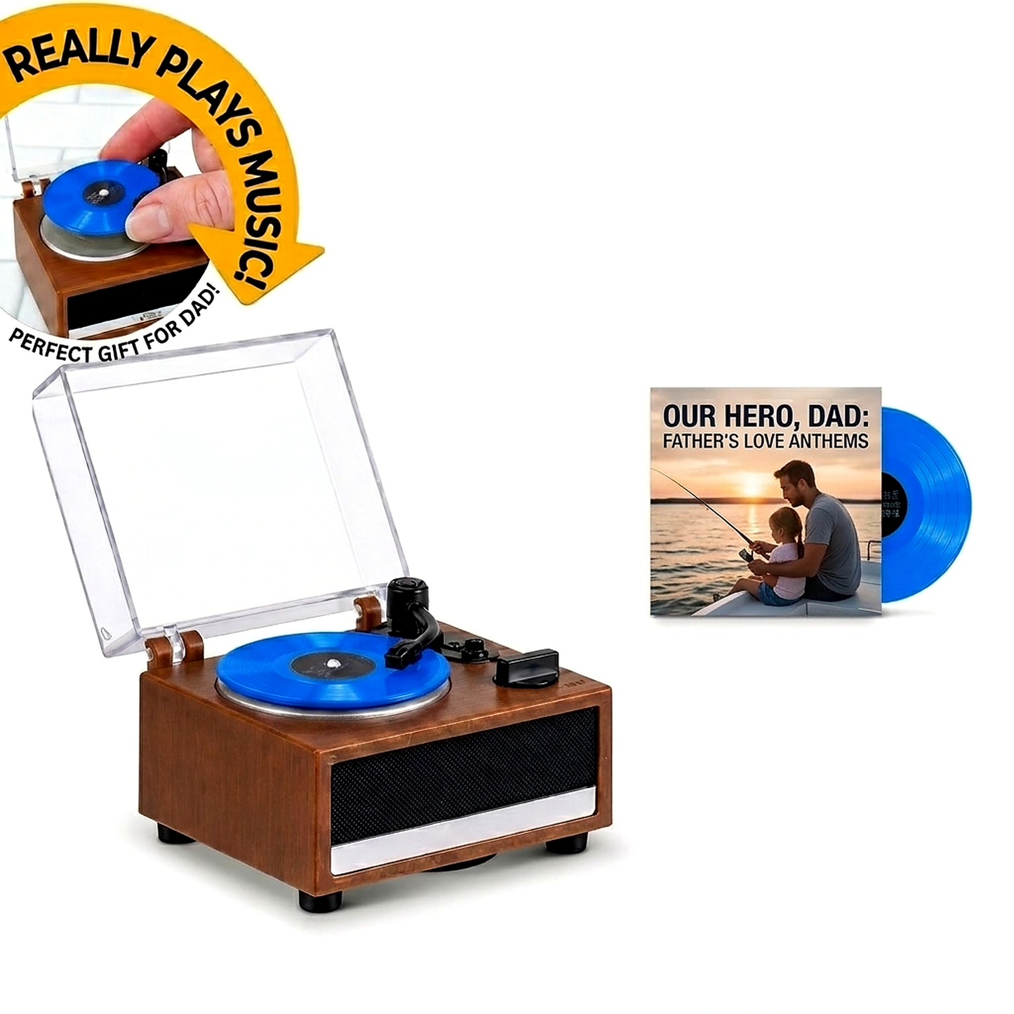 Personalized Mini Vinyl Music Player That Really Spins & Plays Music | Each Vinyl Can Play a Different Song, Custom Photo Album Cover, DIY Vinyl Color Gift for Dad on Father's Day