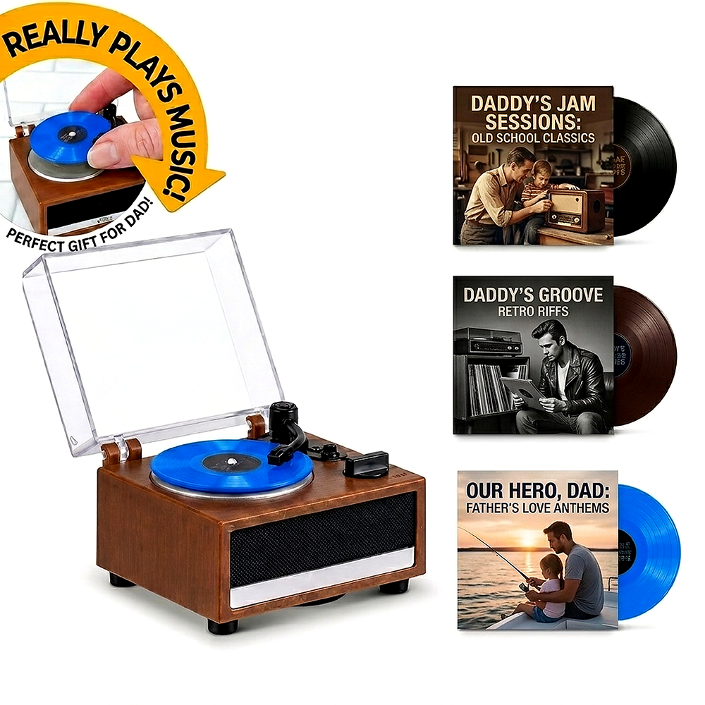 Personalized Mini Vinyl Music Player That Really Spins & Plays Music | Each Vinyl Can Play a Different Song, Custom Photo Album Cover, DIY Vinyl Color Gift for Dad on Father's Day