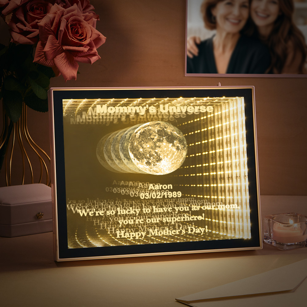 Custom Mirror Infinity Moon Phase Lightbox Personalized Night Light Mirror with Personalized Name and Heartfelt Text for Mom on Mother's Day