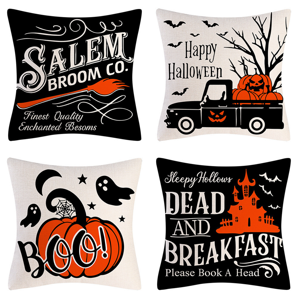 Halloween Pillow Covers 18 x 18 Set of 4 -Linen Print Thanksgiving Sofa Pillow Cover -Happy Halloween Cushion Case for Holiday Party Living Room Bedroom Home Fall Decorative