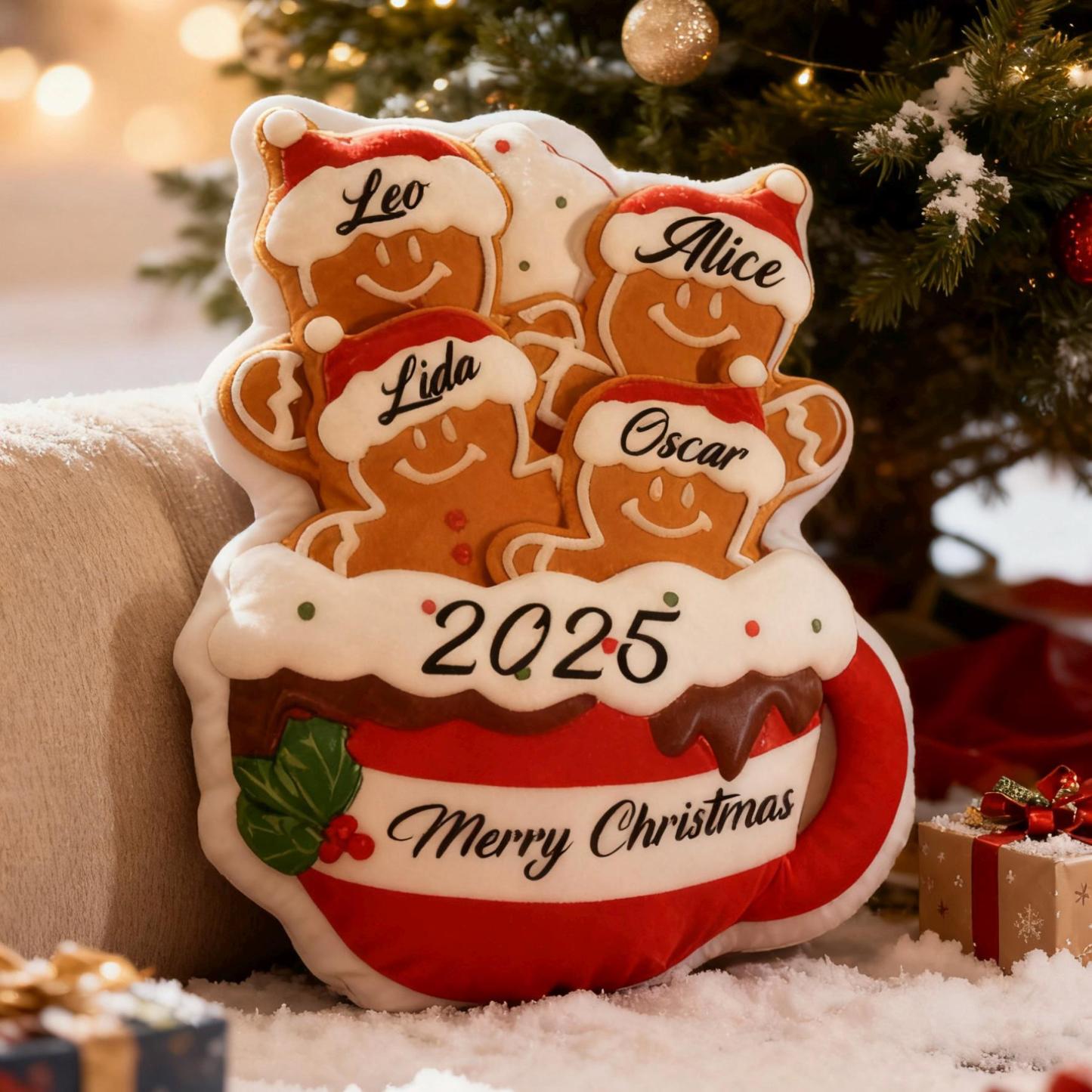 Personalized Gingerbread Family Pillow, Custom Name Xmas Cushion, Holiday Decor Gift, Gingerbread Mug Pillow, Merry Christmas 2025