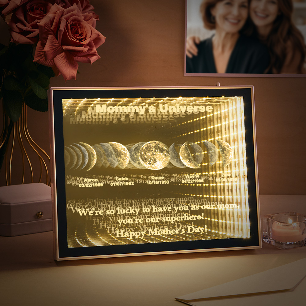 Custom Mirror Infinity Moon Phase Lightbox Personalized Night Light Mirror with Personalized Name and Heartfelt Text for Mom on Mother's Day